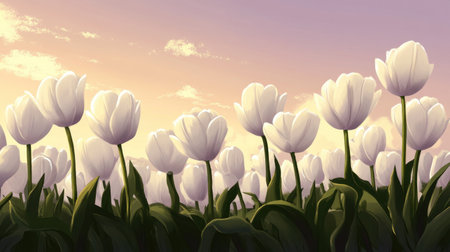 A serene image of white tulips basking in the gentle light of a sunset sky, creating a tranquil atmosphere perfect for nature lovers or as decorative art.の素材