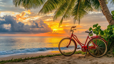 A captivating scene with a vintage bicycle parked on a sandy beach, framed by palm trees, as the sun sets over gentle ocean waves, creating a tranquil atmosphere.の素材