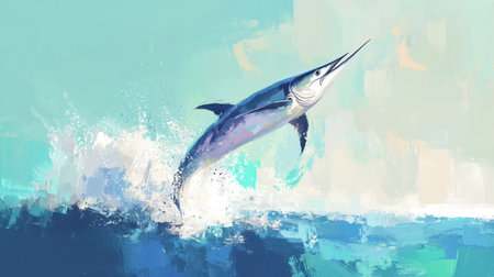 This stunning artwork captures a blue marlin leaping from vibrant ocean waves, showcasing the dynamic beauty of marine life with an abstract twist.の素材