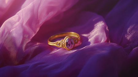 A stunning gold ring featuring a purple gemstone rests delicately on soft purple fabric, creating a luxurious and elegant display perfect for jewelry marketing.の素材
