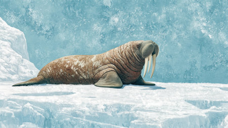 This stunning illustration captures a walrus resting on a vast ice surface, surrounded by a serene Arctic landscape. The icy backdrop and calm waters create a peaceful scene of wildlife in its natural habitat.の素材