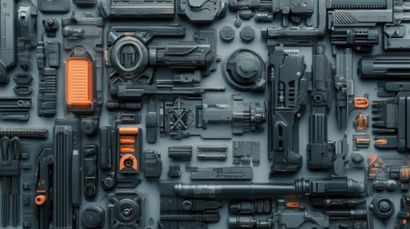 This visually striking image showcases an abstract arrangement of futuristic weapon parts and accessories, highlighting intricate details and modern design elements.の素材
