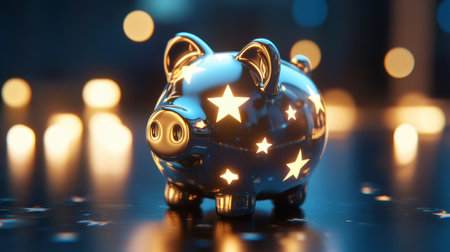 A contemporary piggy bank featuring glowing stars, symbolizing savings and prosperity, captured in a modern environment with soft lighting.の素材
