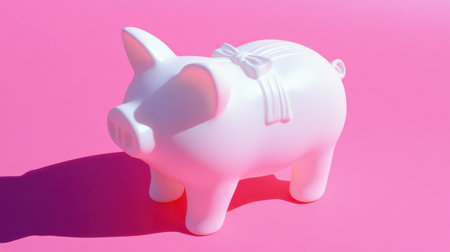 A charming white piggy bank with a bow, set against a bright pink background. This cute design represents savings and financial fun for all ages.の素材