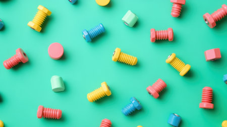 A vibrant display of colorful toy bolts and nuts scattered on a bright green background, perfect for creative design projects or educational materials.の素材