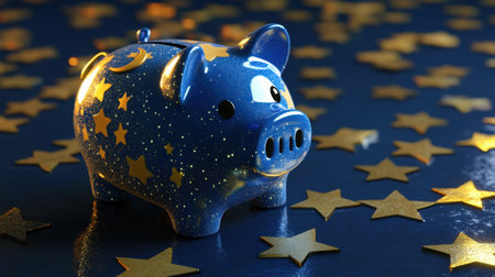 This charming blue piggy bank, adorned with golden stars, adds a whimsical touch to financial themes, perfect for inspiring savings and dreams.の素材