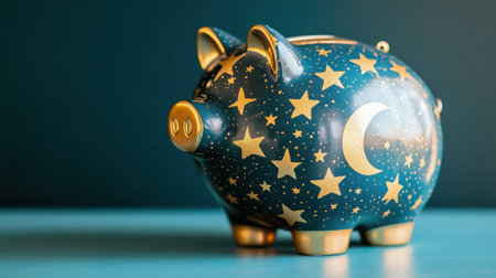 This charming piggy bank features an enchanting design of gold stars and a moon set against a teal background, ideal for saving funds and inspiring financial growth.の素材