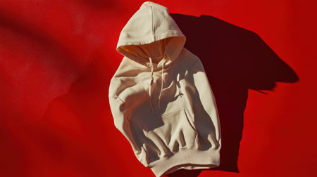 This image showcases a cozy cream hoodie laid flat on a bold red background, highlighting the garment's design and texture, perfect for fashion-focused projects.の素材