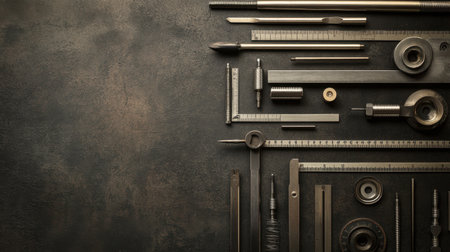 A collection of metal tools and measuring instruments arranged on a textured rustic background. Perfect for projects related to construction and craftsmanship.の素材