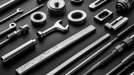 A detailed close-up of assorted metal tools and hardware laid out on a dark surface. Ideal for projects related to DIY, repair, and industrial settings.の素材
