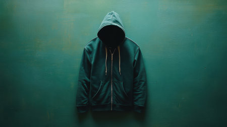 A dark green hoodie is prominently displayed against a smooth teal background, showcasing a minimalist aesthetic ideal for lifestyle and fashion themes.の素材