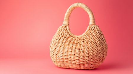 Captivating image of a stylish woven basket against a vibrant pink background, perfect for showcasing fashion accessories or home decor ideas.の素材
