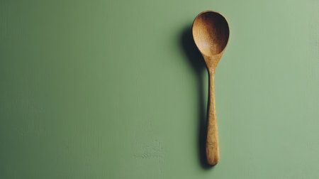 A rustic wooden spoon rests against a soft green background, showcasing its natural beauty and texture. Ideal for culinary applications in cooking and baking.の素材