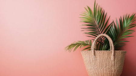 A beautifully styled woven basket filled with lush green palm leaves, set against a soft pink background, perfect for adding a touch of nature to any space.の素材