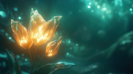 A stunning depiction of glowing flowers in a tranquil underwater scene, radiating soft light and creating a dreamlike atmosphere filled with beauty.の素材