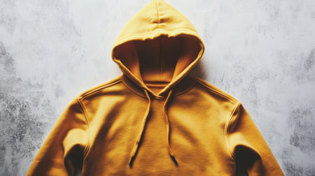 A vibrant yellow hoodie showcased against a textured gray background, emphasizing modern fashion and comfort, ideal for lifestyle and apparel visuals.の素材