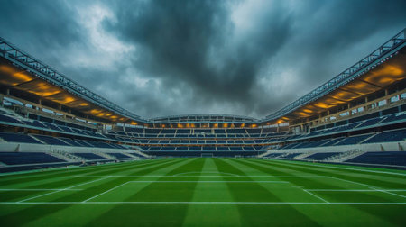 This captivating image showcases a modern soccer stadium featuring a beautifully manicured grass field under a dramatic, cloudy sky, inviting views.の素材