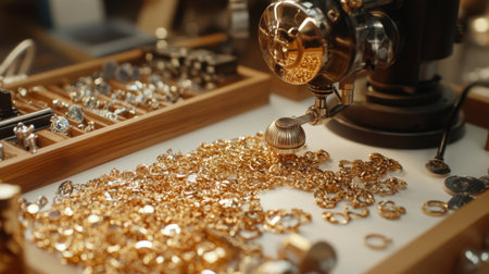 A stunning close-up view of golden rings scattered across a table, surrounded by jewelry-making tools and shimmering accessories, showcasing craftsmanship.の素材
