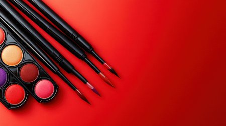 A stunning arrangement of makeup brushes and a vibrant palette on a vivid red background, showcasing beauty tools perfect for creative and artistic makeup applications.の素材