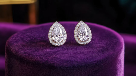 Stunning teardrop earrings featuring exquisite diamonds are showcased on a rich purple velvet surface, adding elegance and luxury to any occasion.の素材
