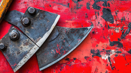 This close-up image showcases vintage metal tools resting on a weathered red surface, highlighting unique rusted textures and striking patterns that convey craftsmanship.の素材