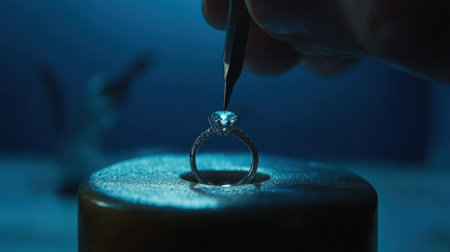 A stunning diamond ring sits elegantly on a candle, illuminated by a focused light that highlights its intricate details, symbolizing luxury and romance.の素材