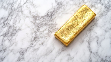 A striking gold bar elegantly positioned on a textured marble surface, symbolizing wealth and luxury in a modern, minimalist setting. Perfect for finance and investment themes.の素材