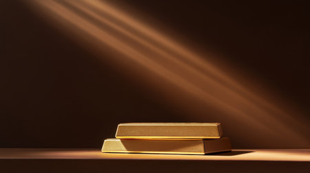 A striking composition featuring two gold bars resting elegantly in soft light, emphasizing their luxurious quality against a dark, minimal backdrop.の素材