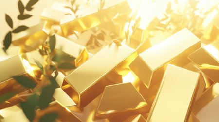 This striking image features golden bars surrounded by green leaves, creating a captivating blend of luxury and nature, perfect for financial themes.の素材
