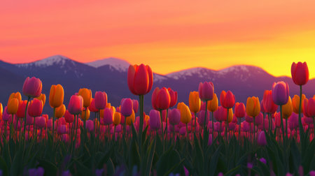 A stunning display of tulips in vibrant colors captures the beauty of nature during sunset, with majestic mountains providing a breathtaking backdrop.の素材