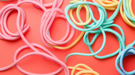 Bright and colorful elastic bands sprawled across a coral background create a playful and vibrant visual ideal for artistic and creative projects.の素材