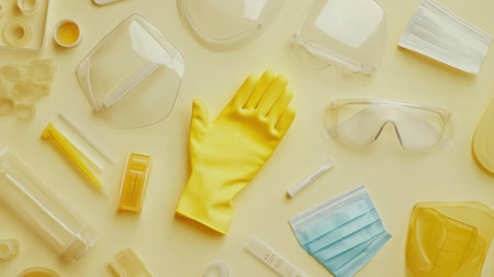 A flat lay of essential personal protective equipment, including yellow gloves, masks, and goggles. This arrangement showcases items crucial for health and safety.の素材