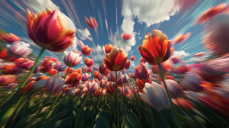 This captivating image features a vibrant tulip field, showcasing colorful blossoms under a bright blue sky adorned with fluffy white clouds. The dynamic motion blur adds a feeling of energy and beauty to the spring scene, making it perfect for nature and gardening themes.の素材