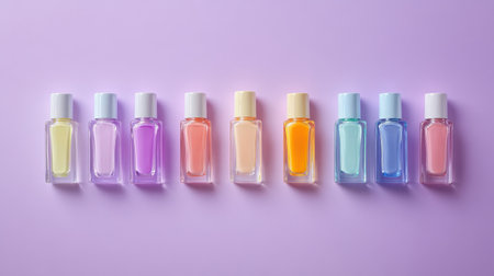 This image features a beautiful display of colorful nail polish bottles arranged in a row on a soft purple background, perfect for beauty and fashion themes.の素材