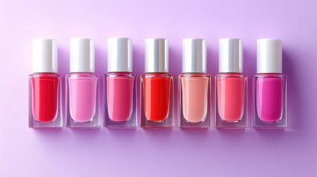 A stylish arrangement of assorted nail polish bottles in various shades of pink and red, set against a soft purple background, perfect for beauty themes.の素材