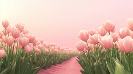 A serene landscape features a gentle pathway surrounded by delicate pink tulips under a soft sunrise glow, creating a dreamy atmosphere.の素材