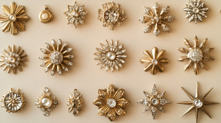 A stunning assortment of vintage jewelry pins and brooches featuring intricate designs and sparkling details. Perfect for showcasing style and elegance.の素材