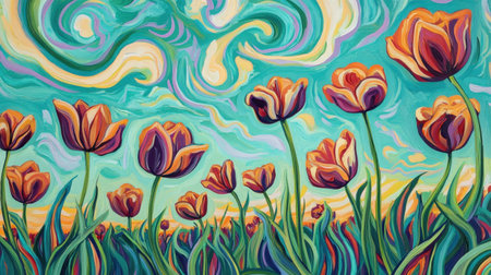 This stunning artwork features vibrant tulip flowers swaying under a colorful sky, blending beautiful colors in an artistic swirl design, ideal for floral inspiration.の素材
