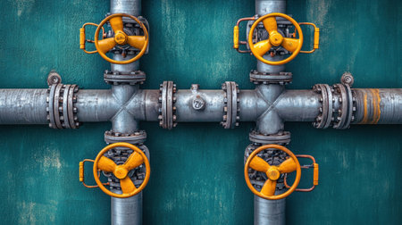 A visually striking image of an industrial pipe system featuring yellow valves, set against a textured blue background, ideal for engineering and design purposes.の素材