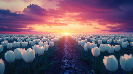 A breathtaking view of a tulip field at sunset, showcasing rows of white flowers leading to a colorful sky filled with dramatic clouds and soft light.の素材