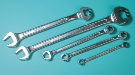 Collection of high-quality metal wrenches arranged on a vibrant turquoise background. Ideal for illustrating tools, repairs, and maintenance tasks in various professional settings.の素材