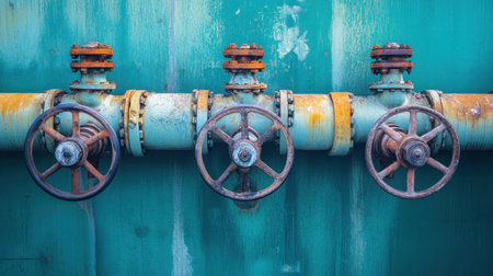 A close-up of three rusty industrial valves attached to a turquoise metal wall, highlighting the texture and unique characteristics of aging machinery.の素材