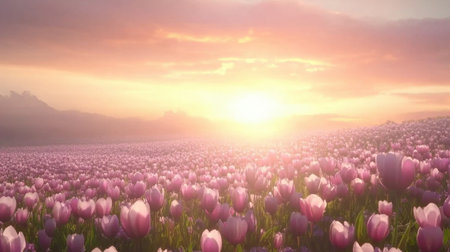A stunning view of a vast field filled with pink tulips under a beautiful sunrise, showcasing nature's vibrant colors and serene beauty in an outdoor landscape.の素材