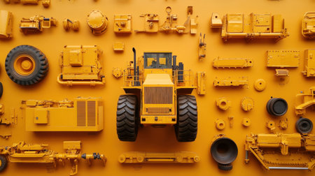 This image showcases an artistic arrangement of yellow construction equipment and machinery components on a vibrant orange background, highlighting industrial design.の素材