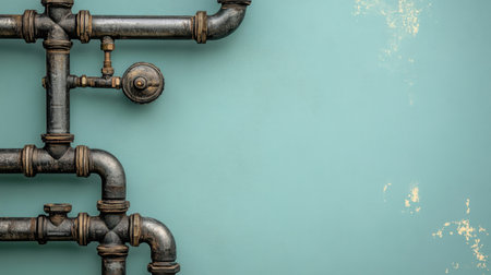 This image features a vintage industrial pipe system on a soft blue wall, showcasing rustic elements that blend utility with artistic design. Perfect for home decor projects.の素材
