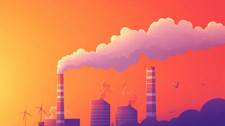A vibrant sunset scene featuring industrial smokestacks emitting smoke alongside wind turbines, highlighting the contrast between pollution and renewable energy sources.の素材
