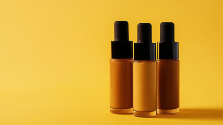 This image showcases three elegant cosmetic bottles with black caps standing against a bright yellow background. Ideal for beauty and skincare themes.の素材