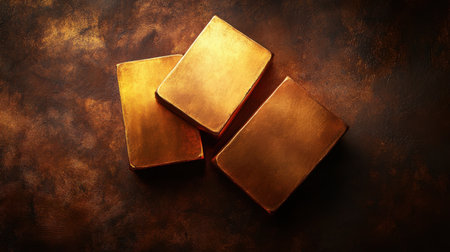 Three shiny gold bars rest on a dark metallic surface, showcasing rich textures and warm color tones that evoke luxury and wealth.の素材