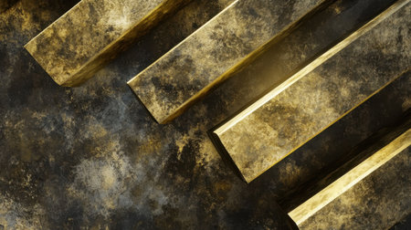 A captivating view of golden bars arranged artistically against a textured abstract background, symbolizing wealth, luxury, and opulence in financial themes.の素材