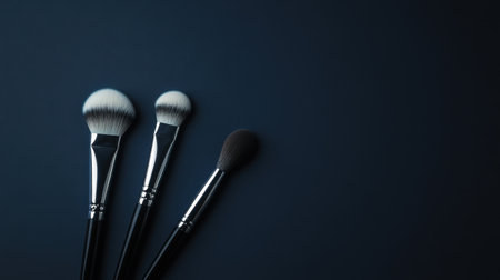 A stylish arrangement of professional makeup brushes on a dark background, perfect for illustrating beauty routines, fashion trends, and cosmetic artistry.の素材
